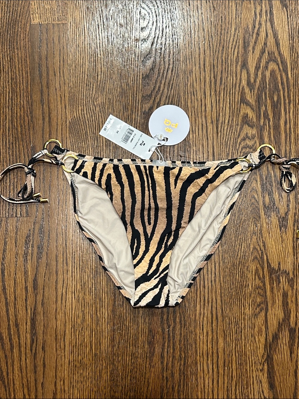PQ PILYQ Cleo Lino Side Tie Tiger Stripe Bikini Bottom Gold Accents Sz M NWT